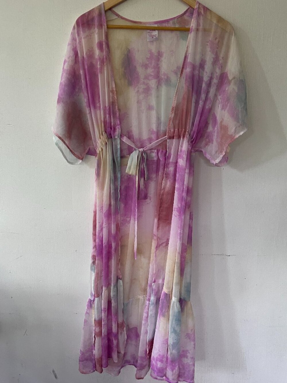 No Boundaries Tie Dye Kimono L-XL Belted Angel Sleeve Bohemian Duster Fairycore
